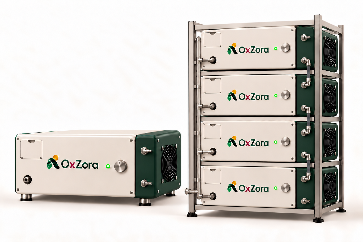 Connected NOxZora fertiliser modules arranged in a compact rack